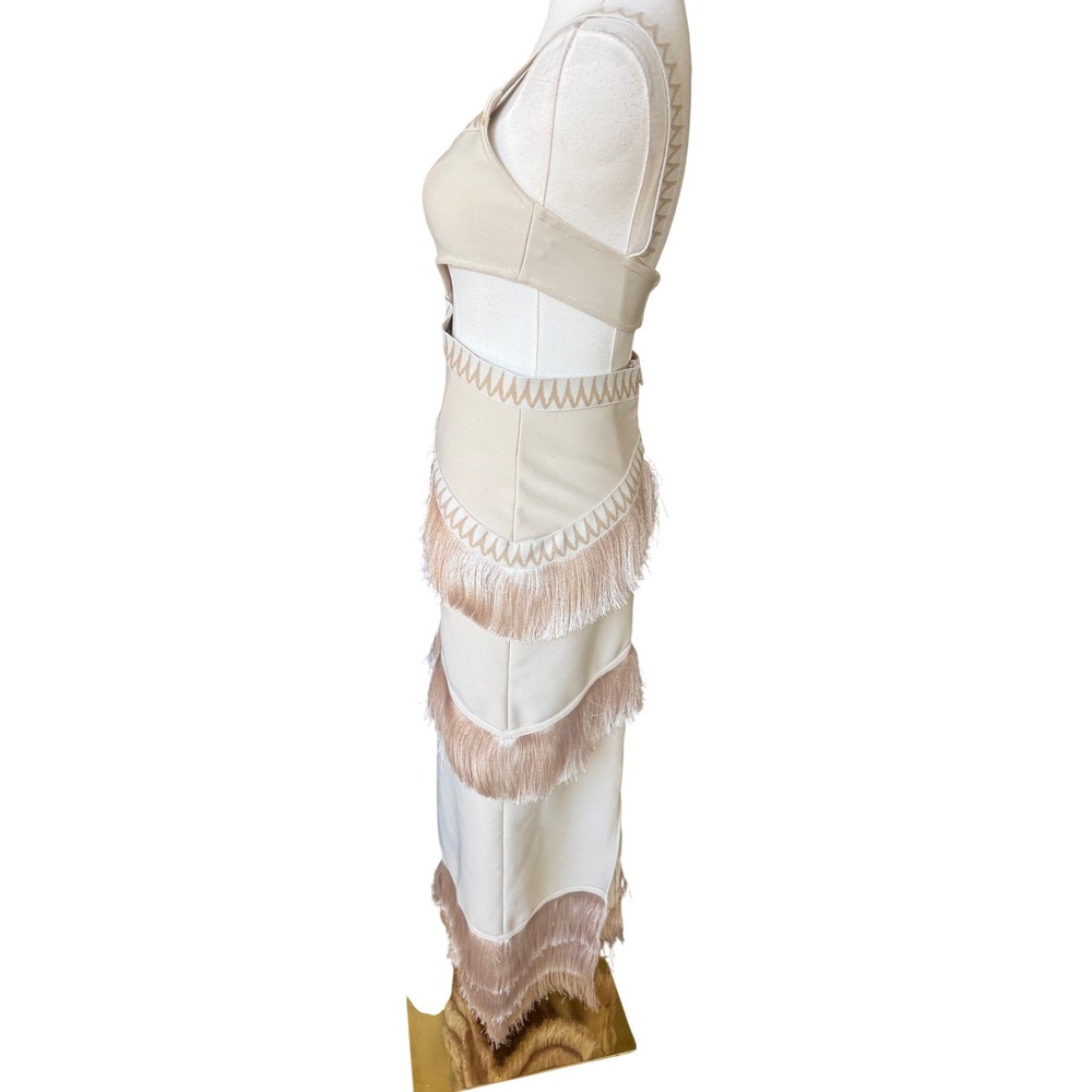 Fringe Cutout Boho Bodycon Midi Dress Size S Luxe Statement Cocktail Vegas Date - Picture 9 of 14